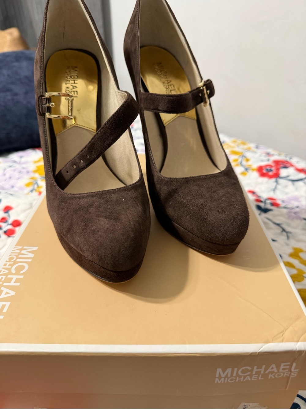 Michael Kors Chocolate Brown Suede Mary Jane Platform Heels